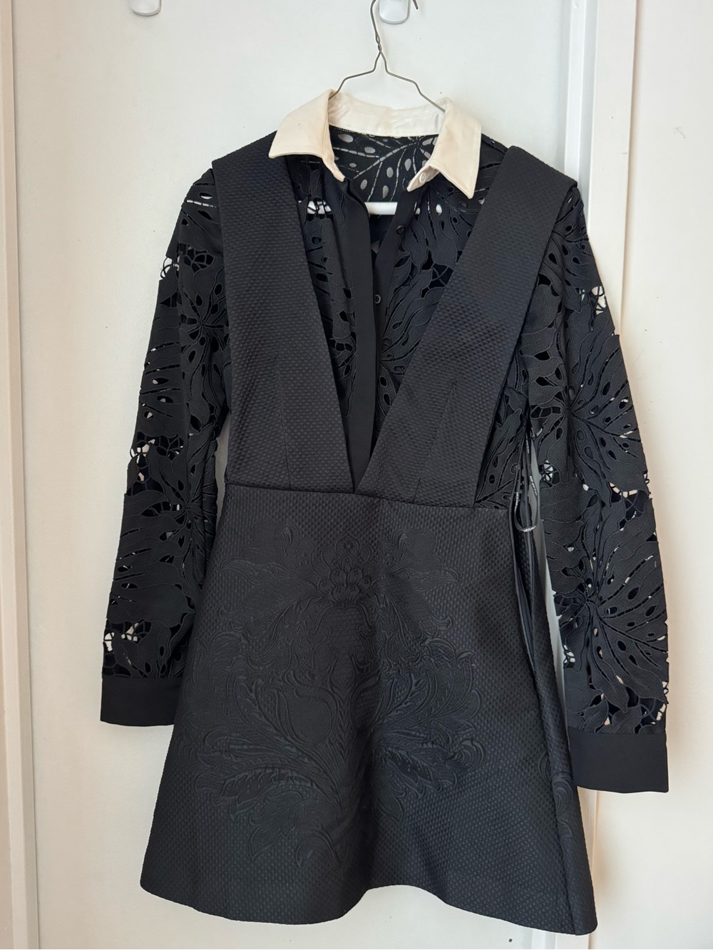 Self-Portrait Black Laser-Cut Plunge Pinafore Dress with Collared Shirt